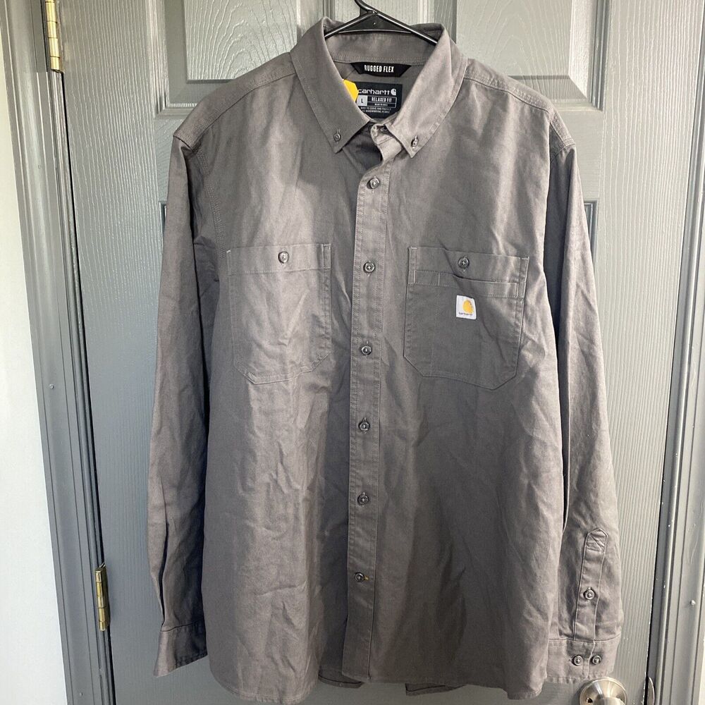 Carhartt Rugged Flex Mens Button Up Shirt Grey Long Sleeve, Sz.Large Relaxed Fit